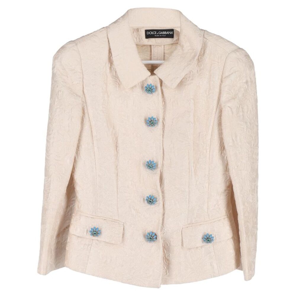 Dolce & Gabbana Floral Print Crystal Embellishmed Suit Jacket in Cream Cotton